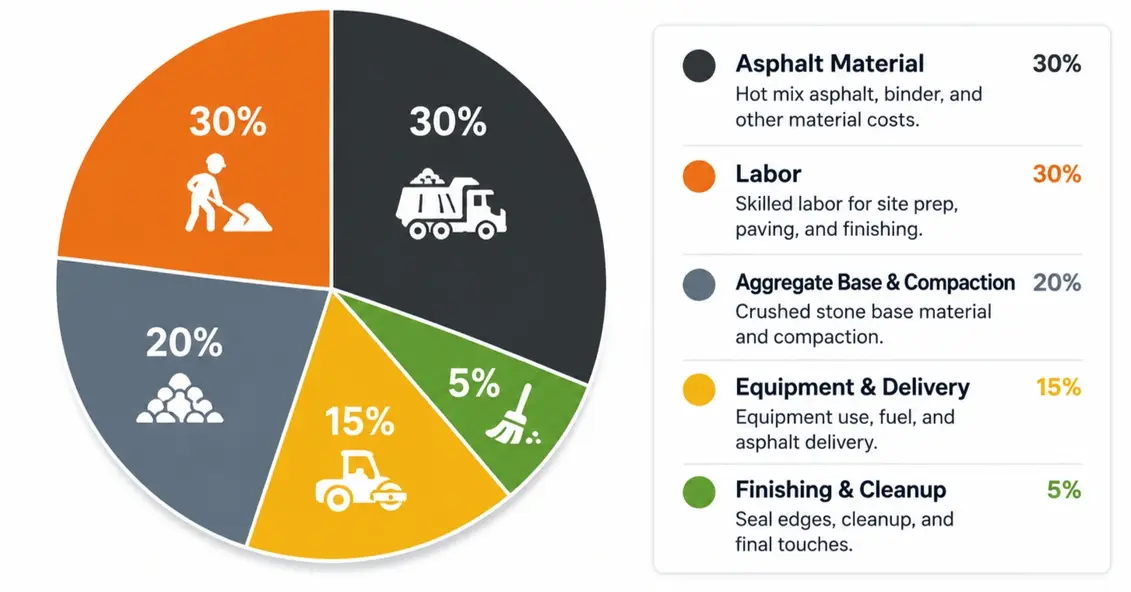 10x10 asphalt driveway cost breakdown including materials, labor, aggregate base, equipment, and cleanup