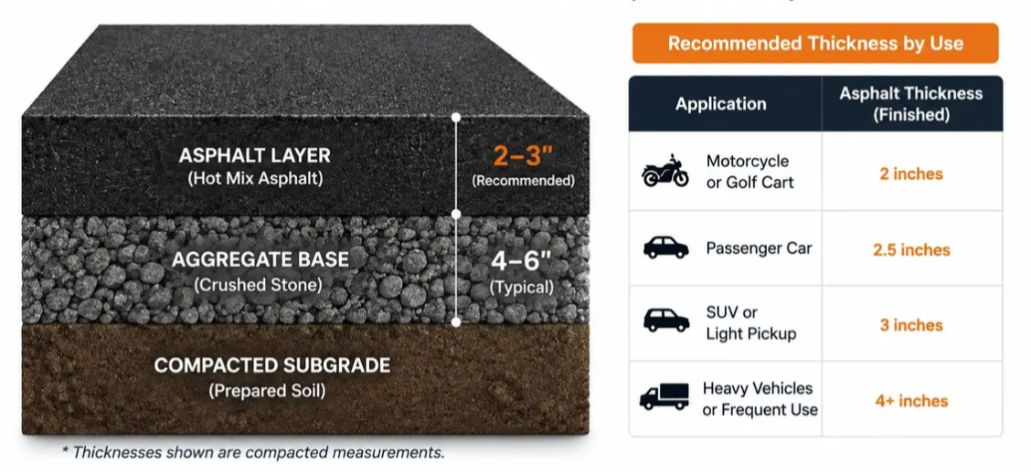 Recommended 2 to 3 inch asphalt thickness over a compacted aggregate base for a 10x10 driveway