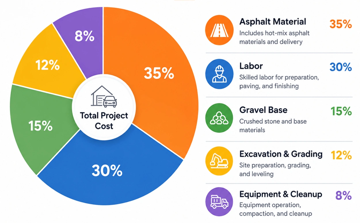 20x20 asphalt driveway cost breakdown showing material, labor, and gravel base percentages