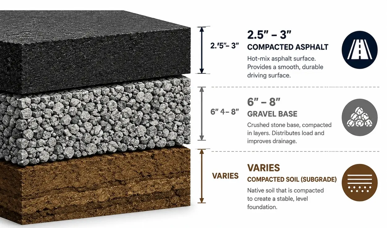 20x20 asphalt driveway recommended asphalt thickness and gravel base diagram