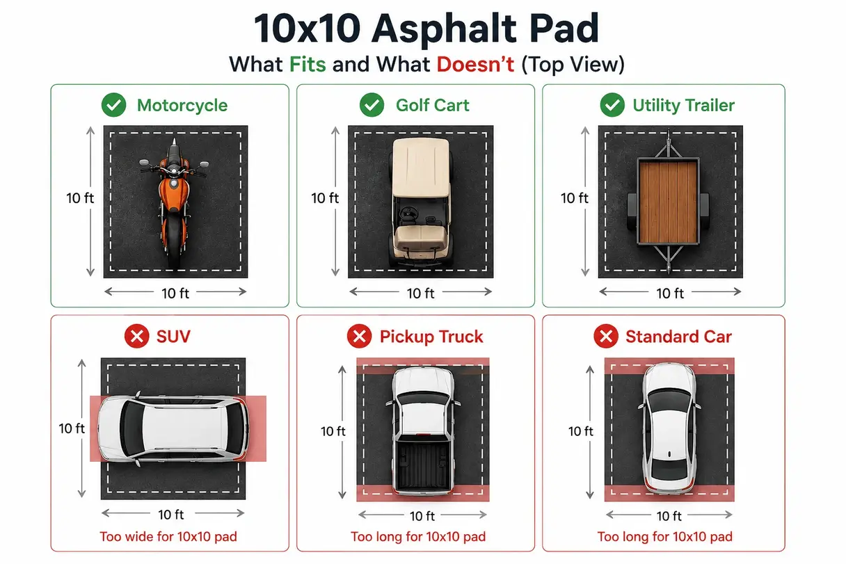 Best uses for a 10x10 asphalt driveway including motorcycle, golf cart, and utility trailer parking