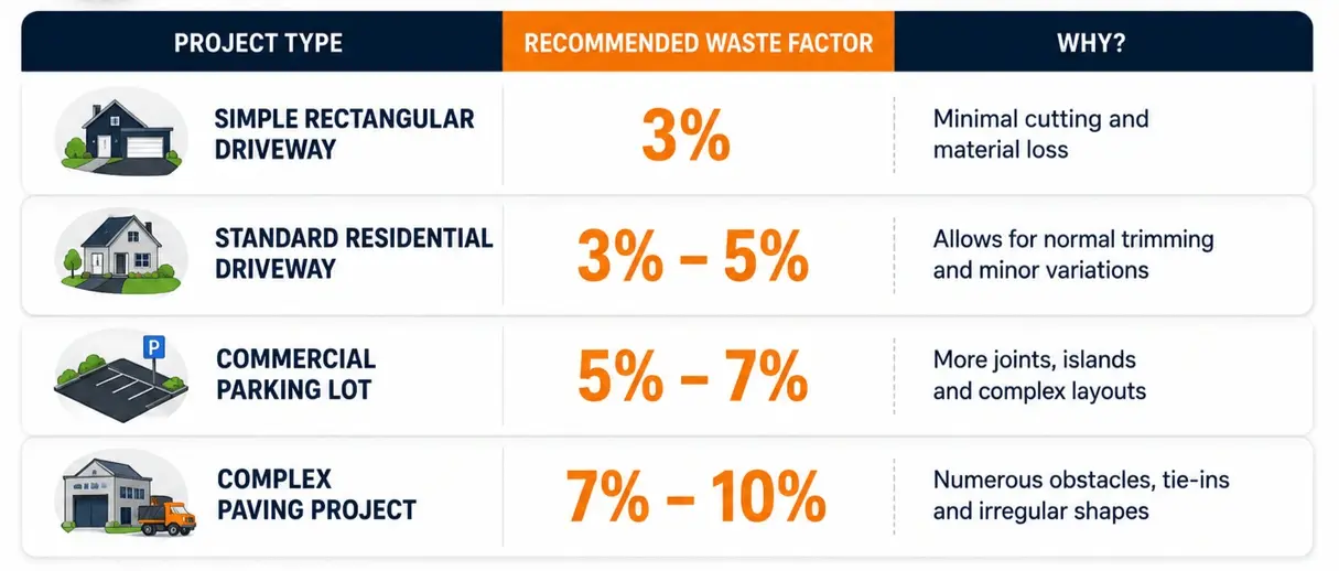 Recommended asphalt waste factor by project type